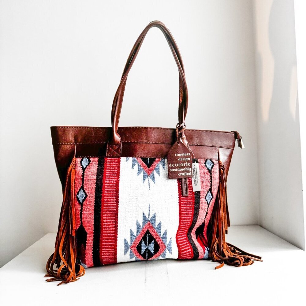 Ecotorie Jackson Tote Cognac Southwestern Print Canvas leather Fringe